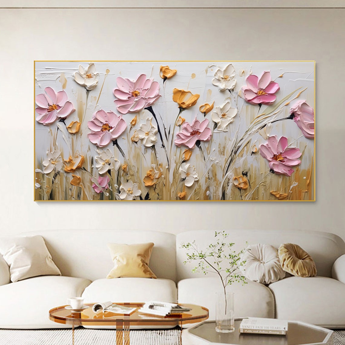 Pink White Blooming Flowers Golden Foliage Impasto Field Poster - Image 3