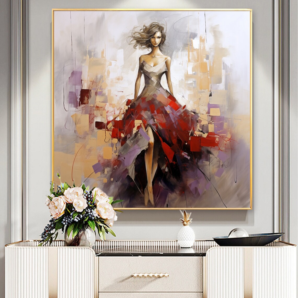 Woman in Red Gown Flowing Abstract Fashion Portrait Art Poster - Image 8