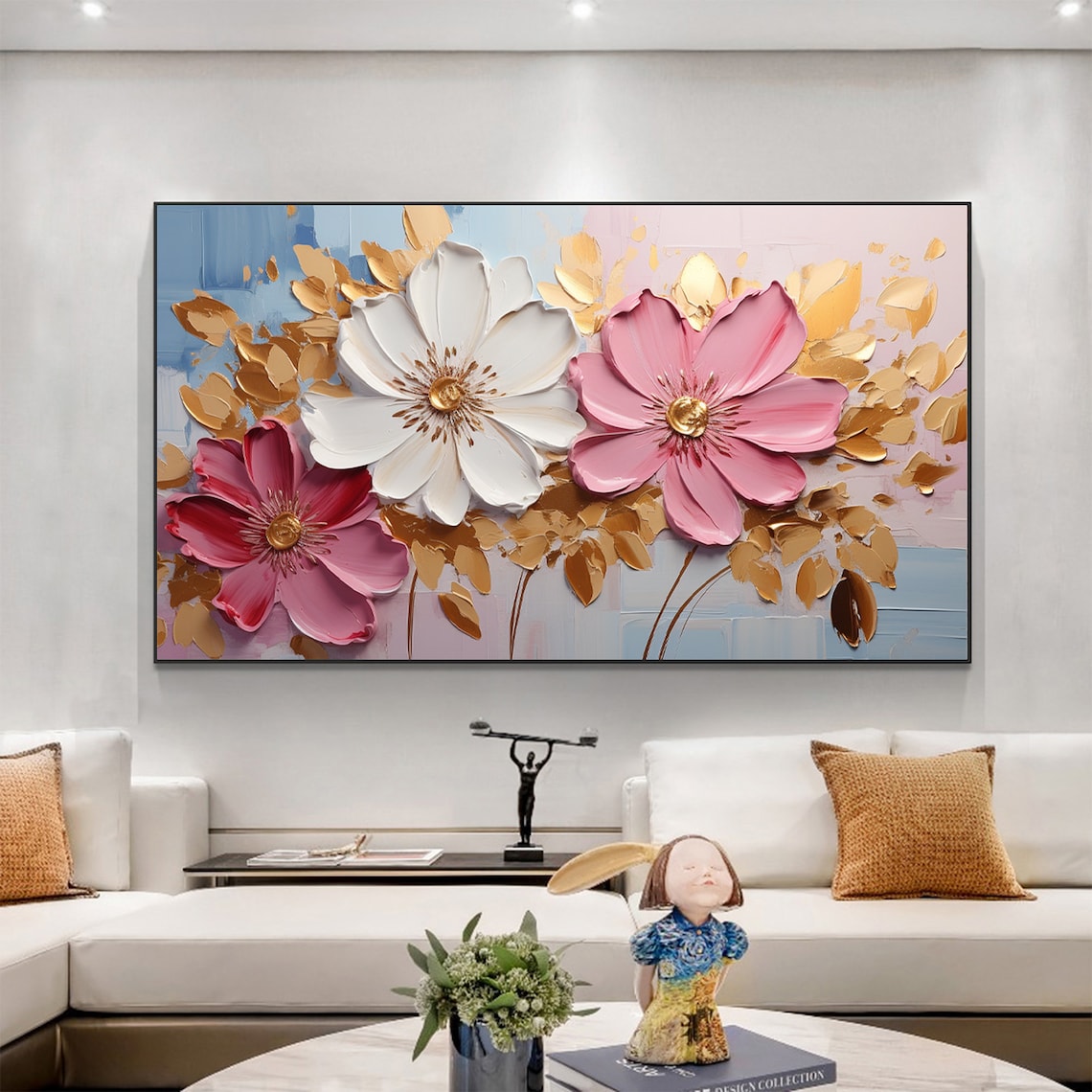 Abstract Flower Oil-Painting Style Print, Custom Gold Decor - Image 2