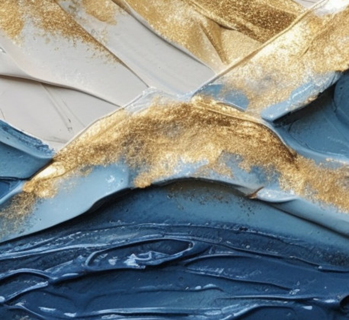 Gold Highlighted Blue Mountain Peaks Textured Impasto Oil Poster - Image 3