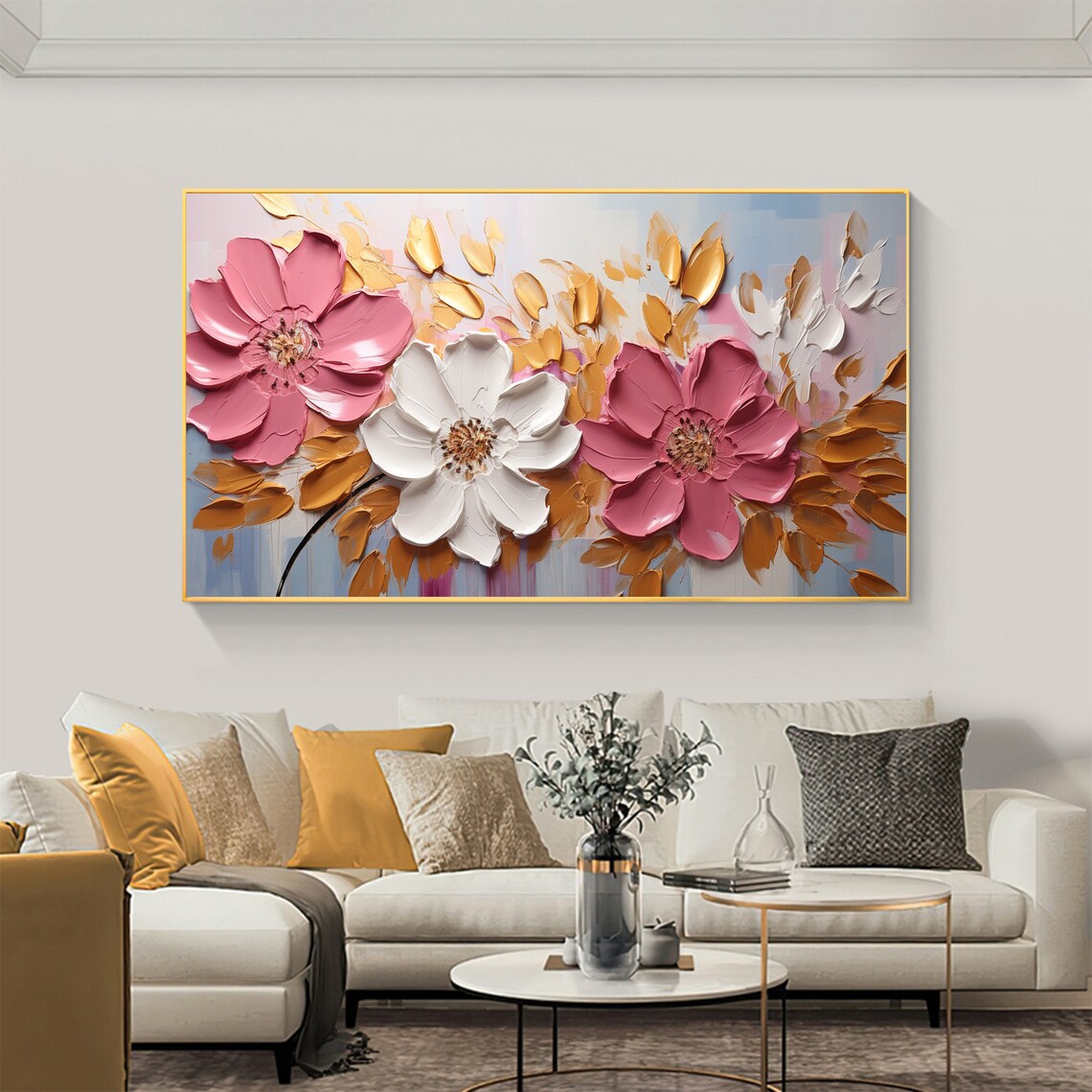 Pink and White Flowers With Gold Foliage Impasto Oil Painting Poster - Image 2