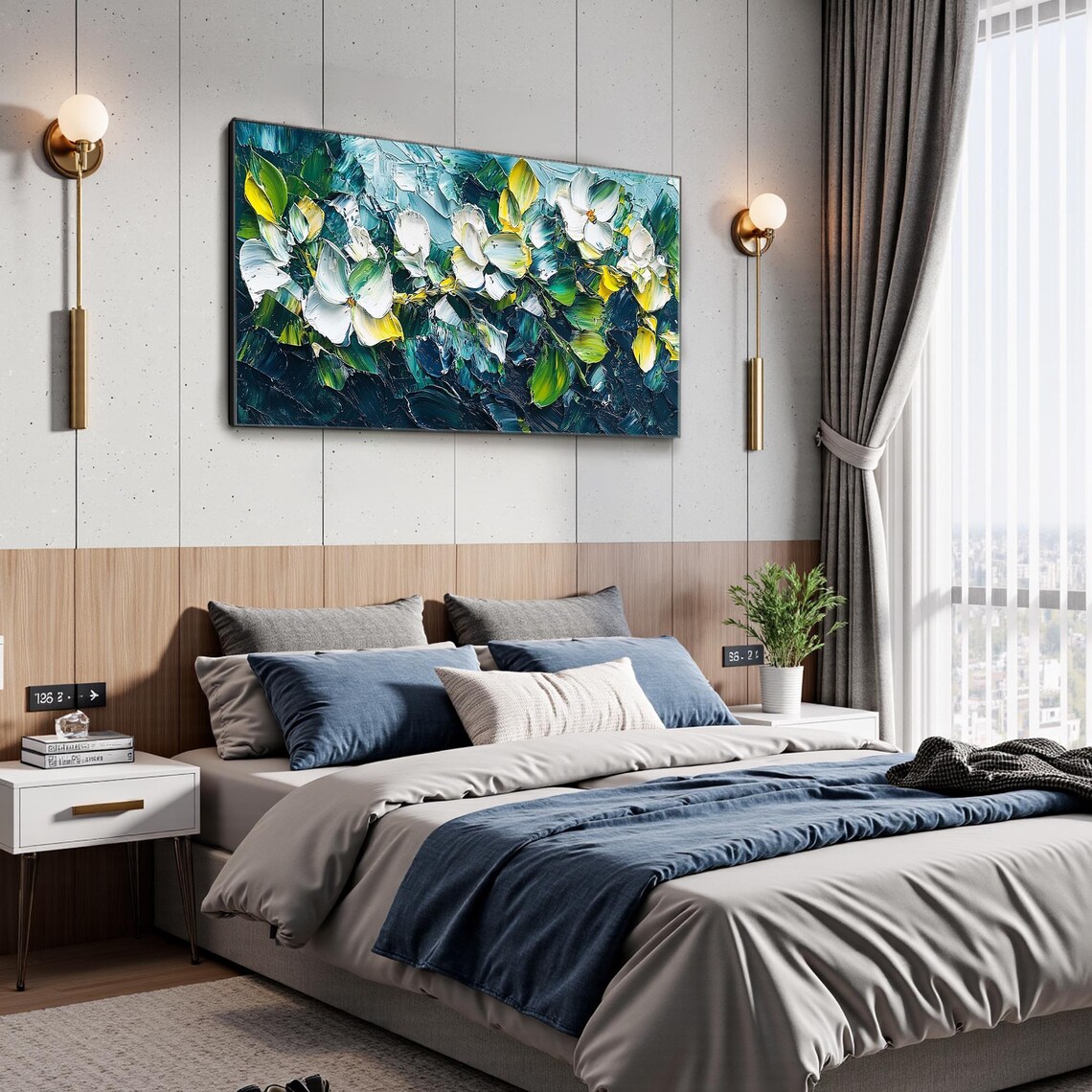 White Blossoms on Deep Teal Textured Floral Oil Painting Poster - Image 5