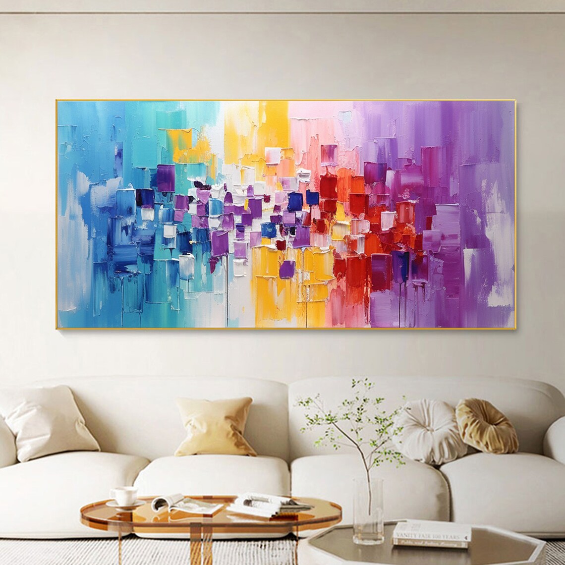 Rainbow Color Block Palette Knife Modern Abstract Canvas Poster - Image 3
