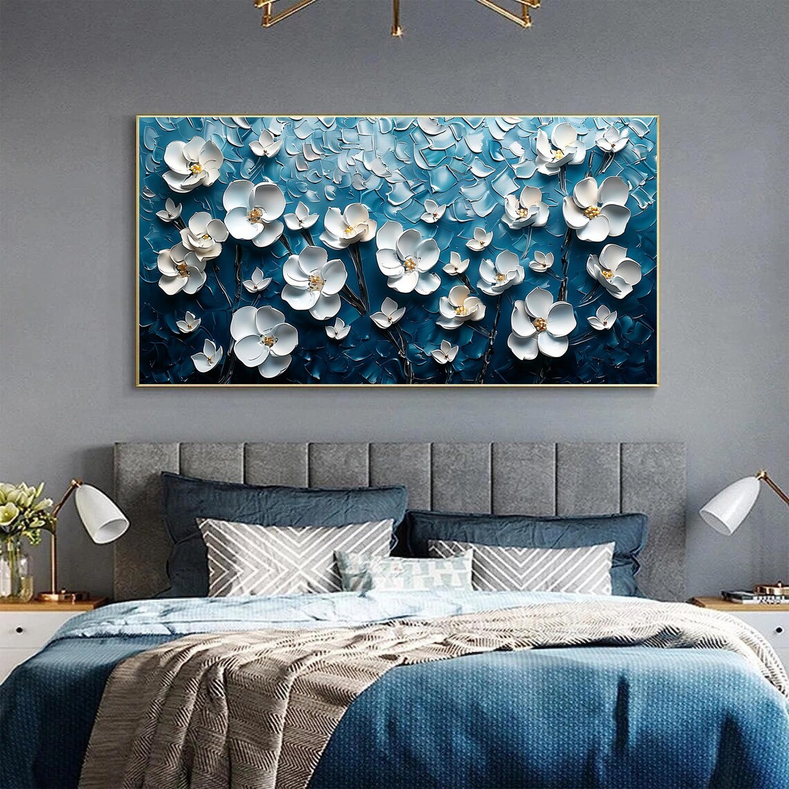 White Blossoms on Navy Blue 3D Textured Floral Oil Painting Poster - Image 3
