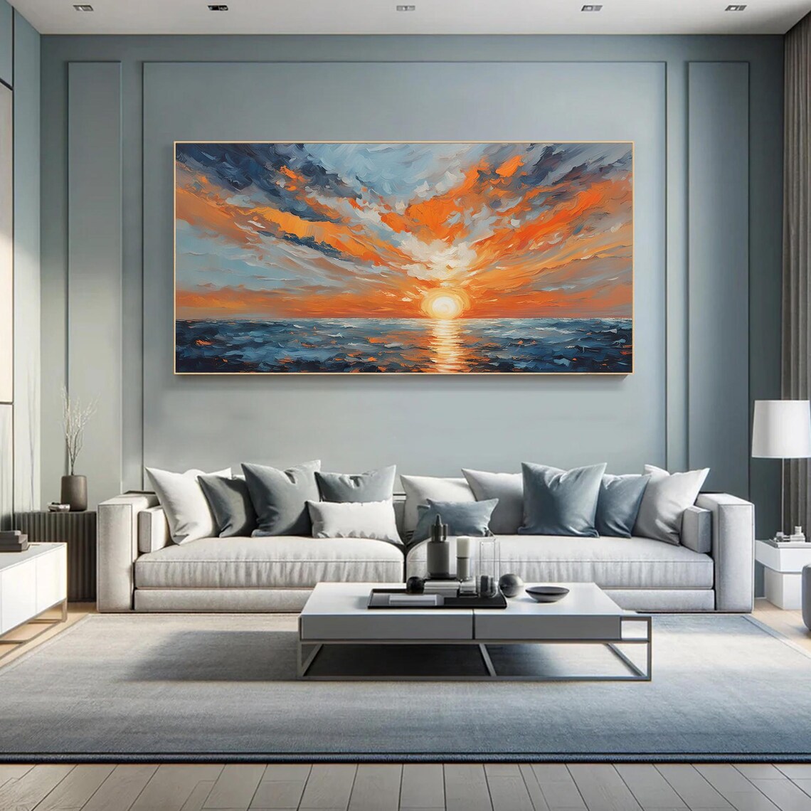 Blazing Orange Sunset Clouds Over the Ocean Oil Painting Poster - Image 2