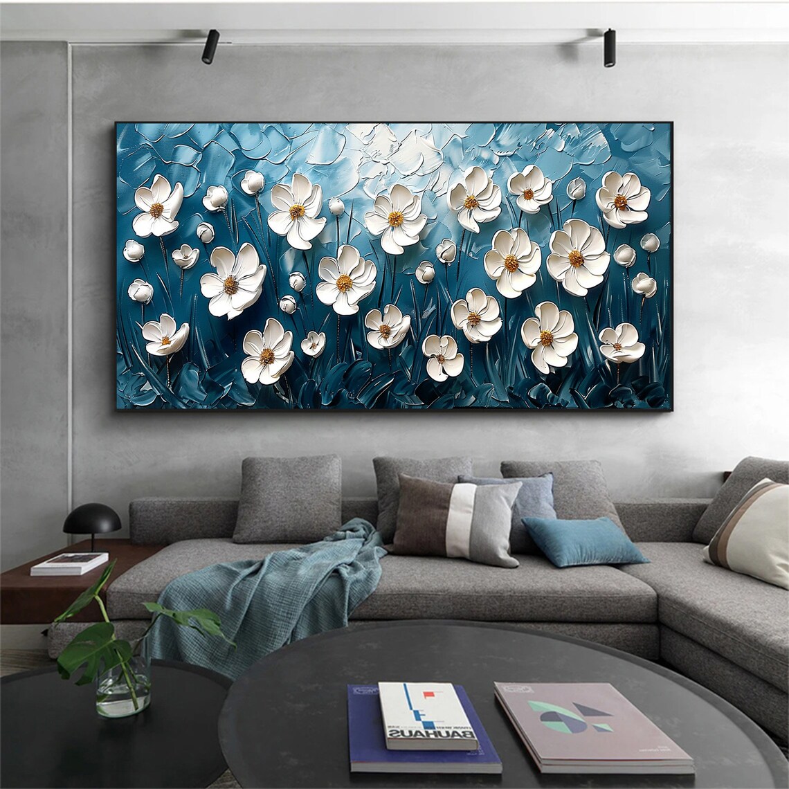 White Daisies on Bright Teal 3D Textured Floral Oil Painting Poster - Image 3
