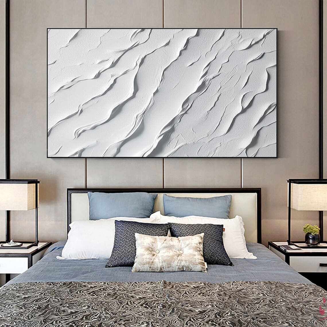 White 3D Textured Wave Abstract Minimalist Oil Painting Poster - Image 3