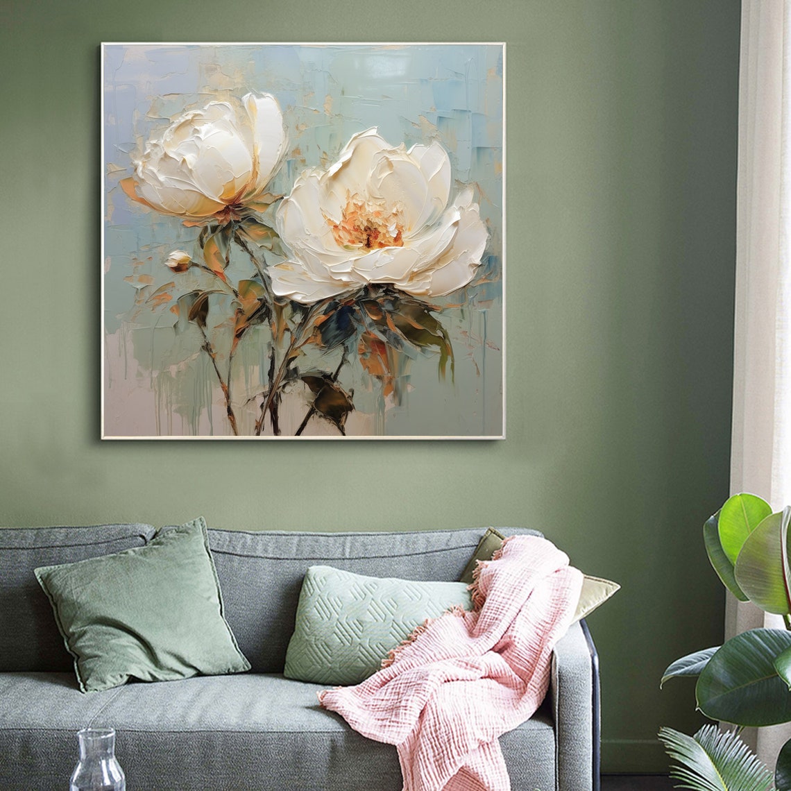 White Peony Blossoms Blue Gray Soft Textured Floral Art Poster - Image 6