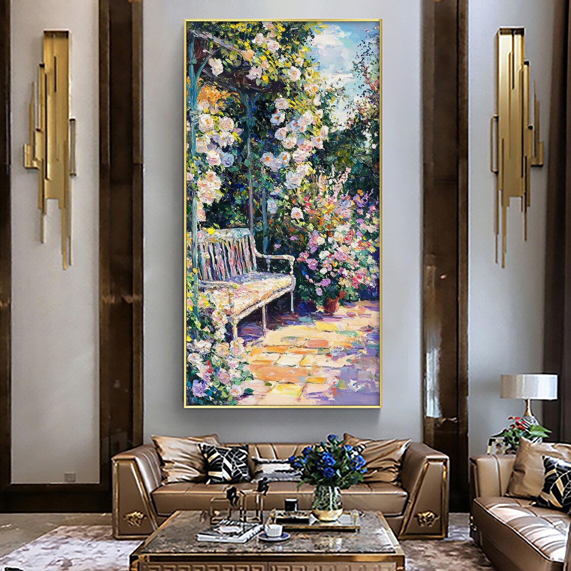 Sunlit Garden Bench Under a Flowering Arbor Oil Painting Poster - Image 6