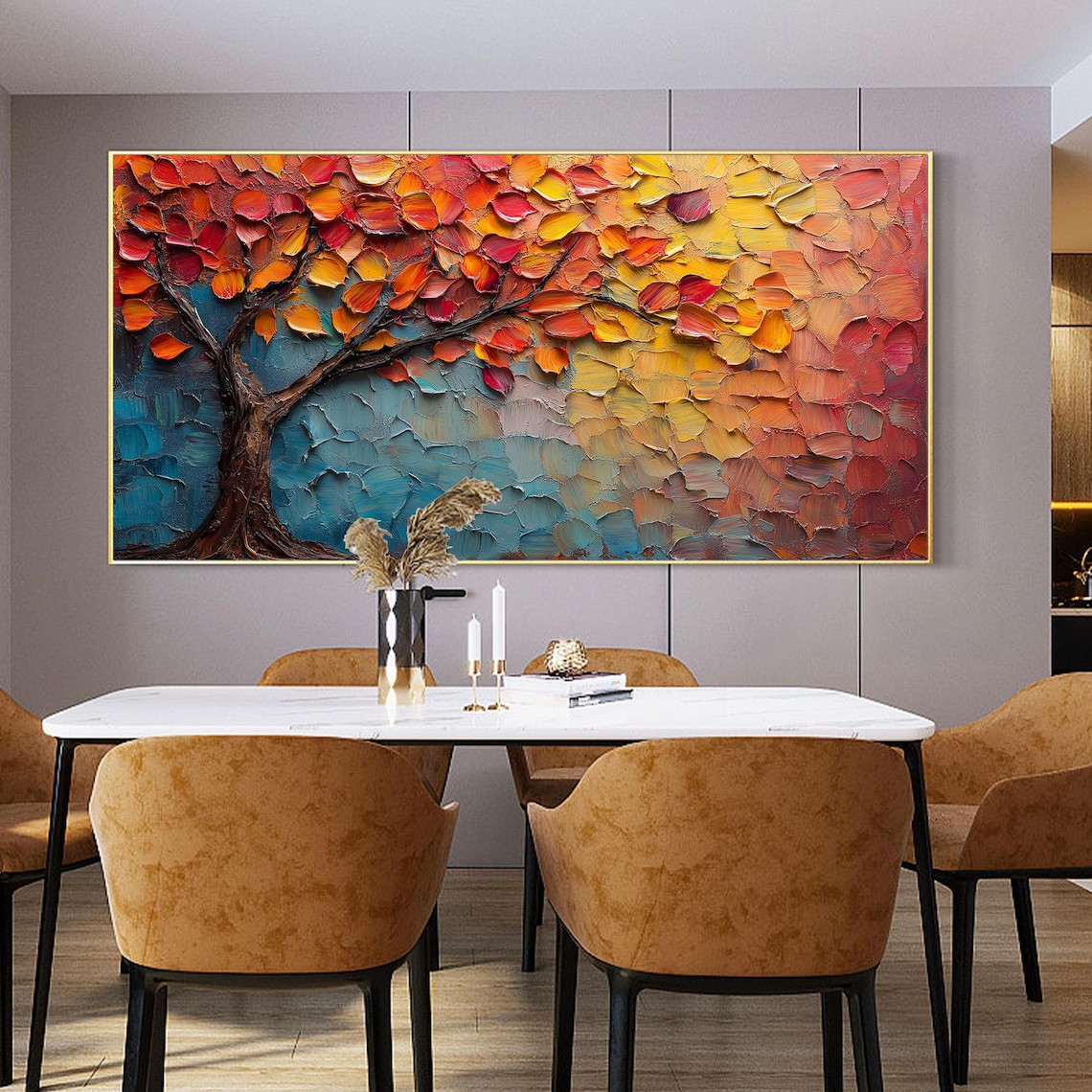 Tree of Life Red Orange Leaves Teal Textured Impasto Art Poster - Image 4