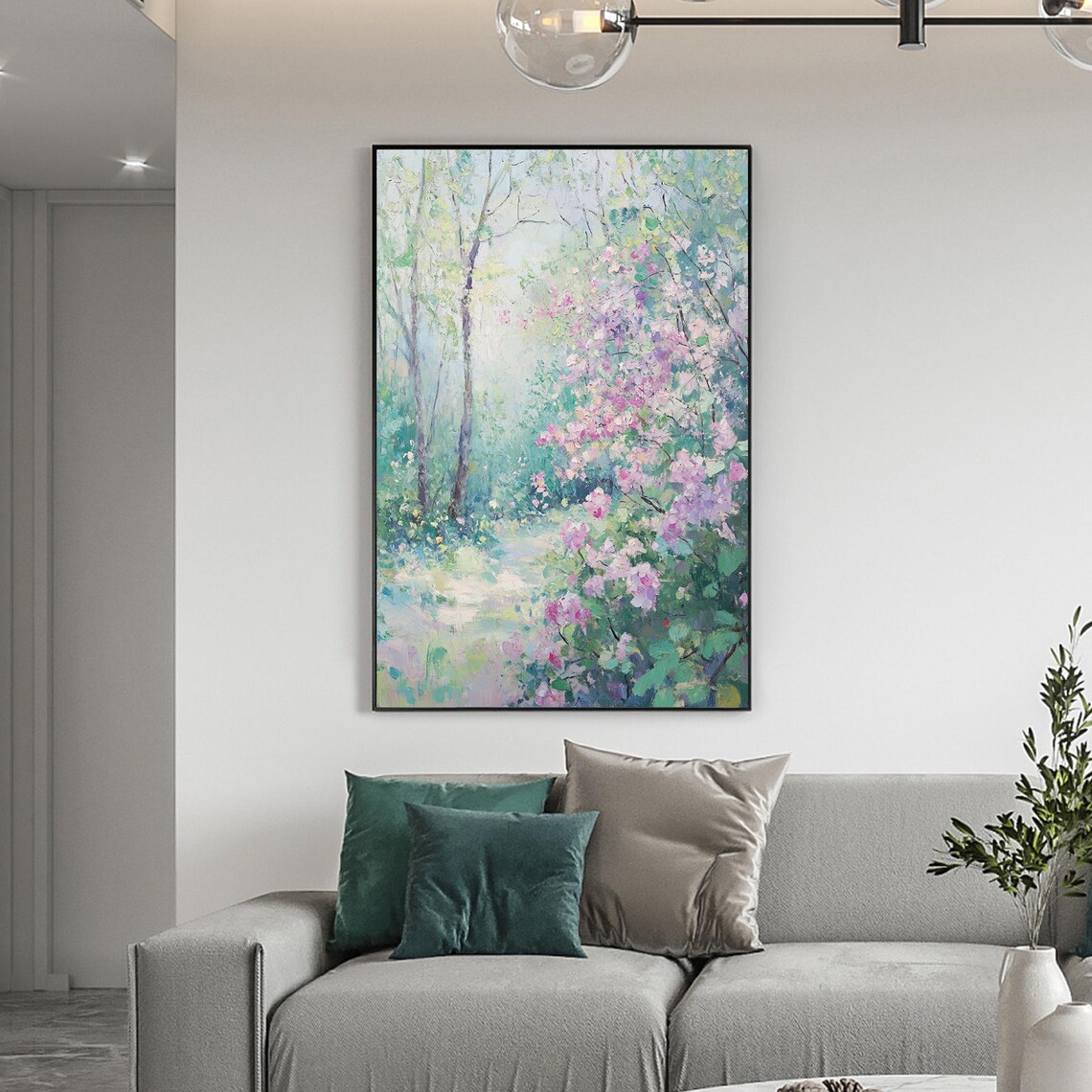 Misty Garden Path With Pink Flowering Bushes Oil Painting Poster - Image 3