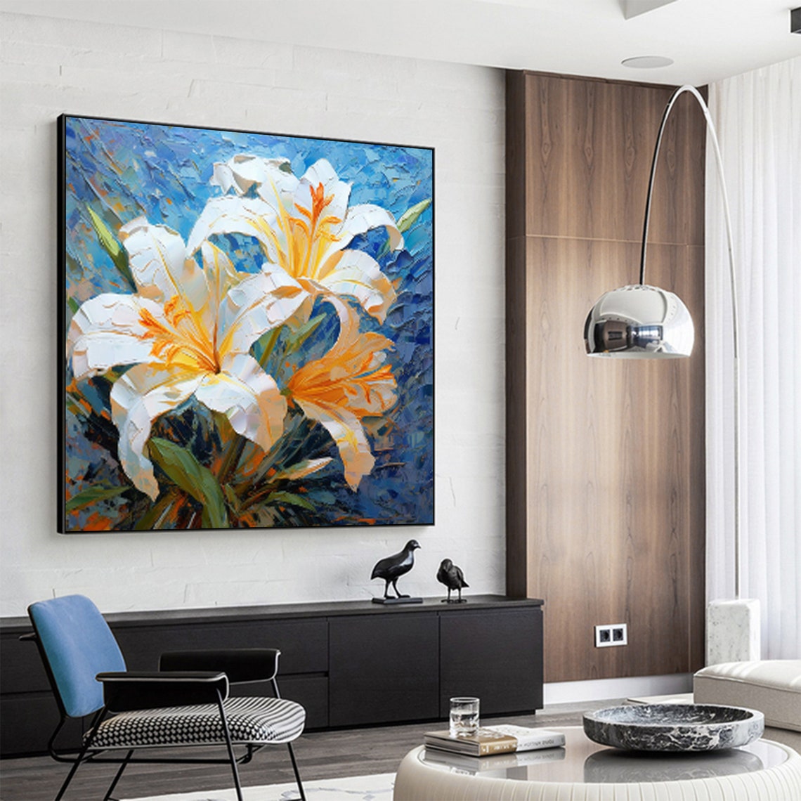 White Orange Lily Blooms Deep Blue Textured Floral Art Poster - Image 7