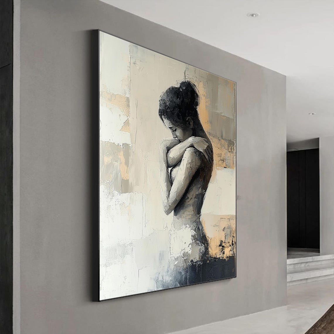 Embracing Woman Portrait Gray Beige Textured Abstract Art Poster - Image 7