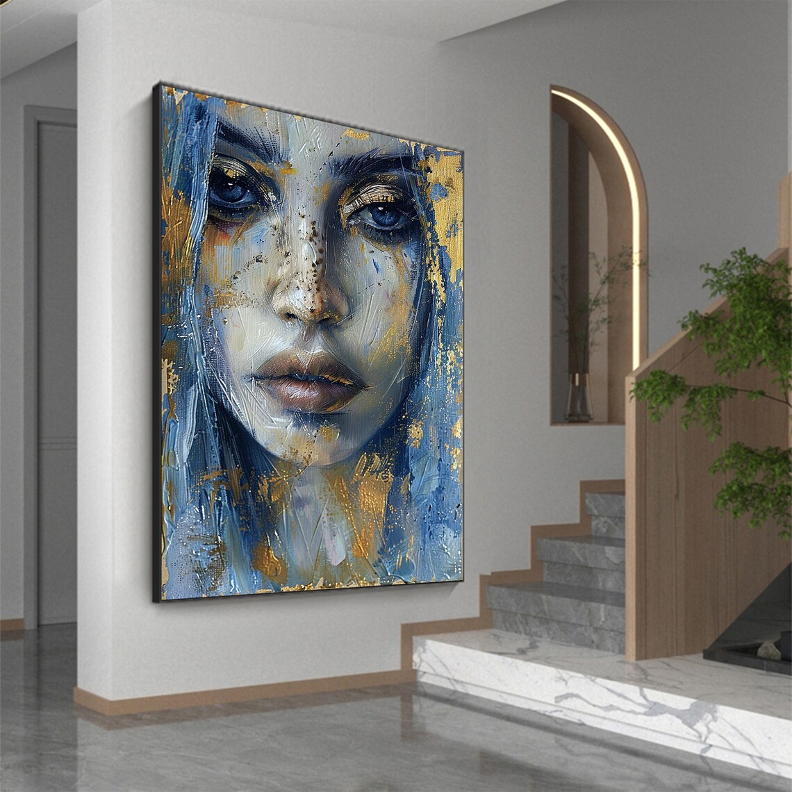 Blue Eyed Woman Face Gold Accents Textured Portrait Art Poster - Image 7
