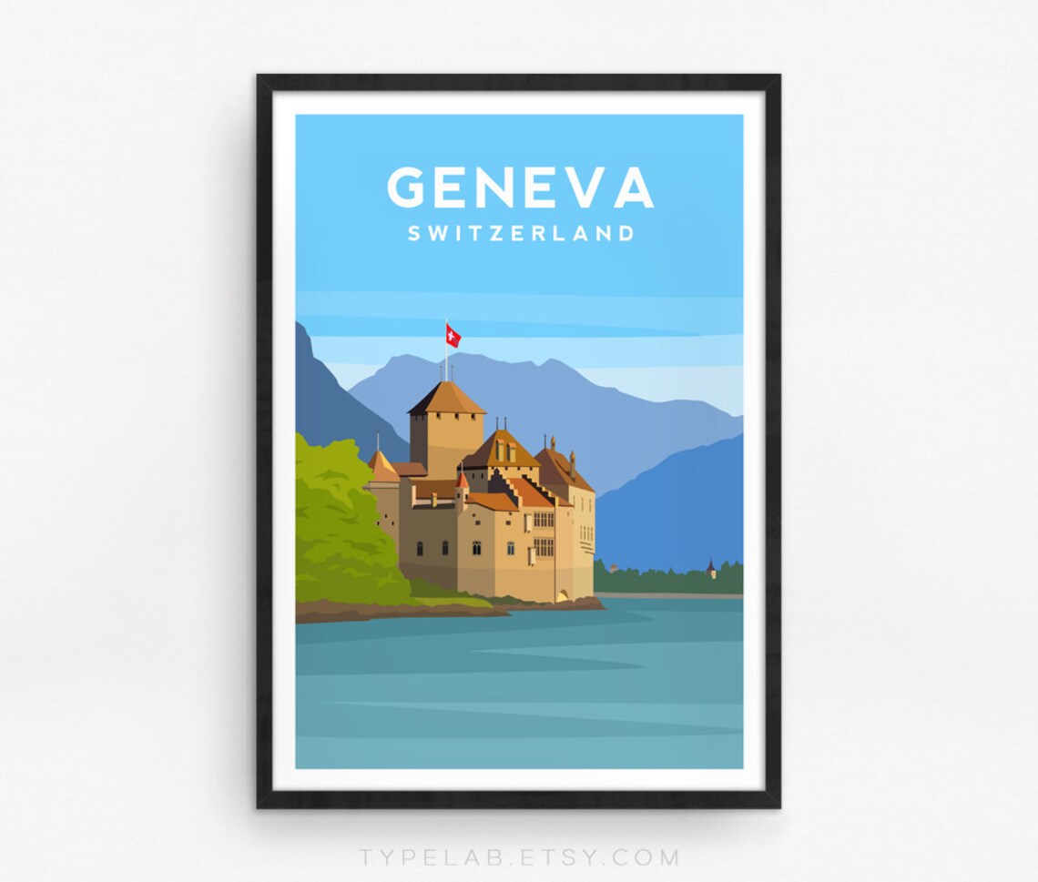 Geneva Switzerland Chillon Castle Lake Illustrated Travel Poster