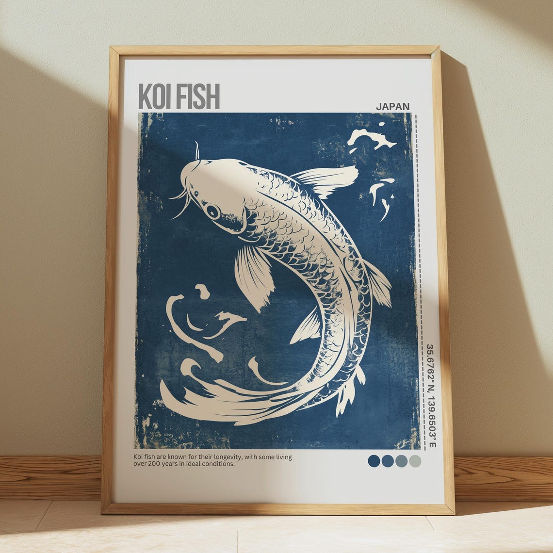 Koi Fish Japan Blue Woodblock Pond Indigo Calm Nature Poster