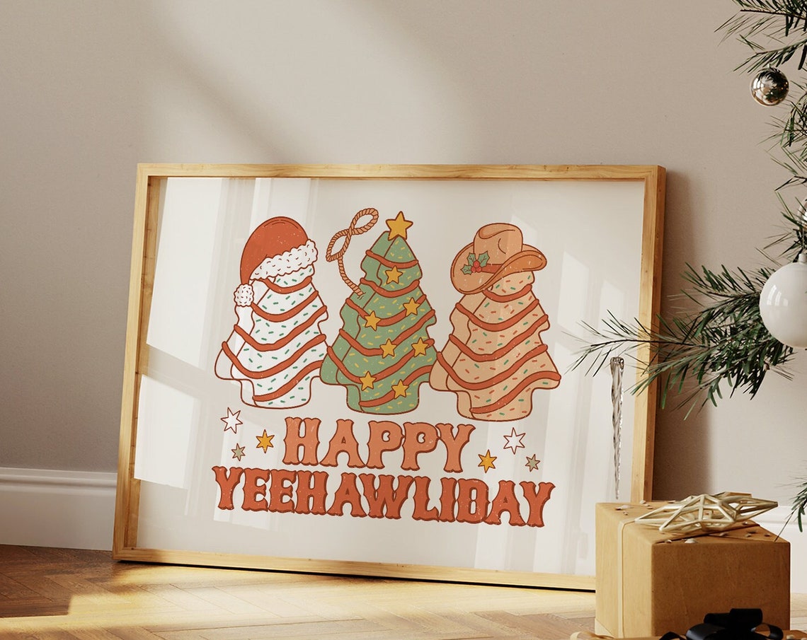 Happy Yeehawliday Trio Christmas Trees Retro Western Fun Poster