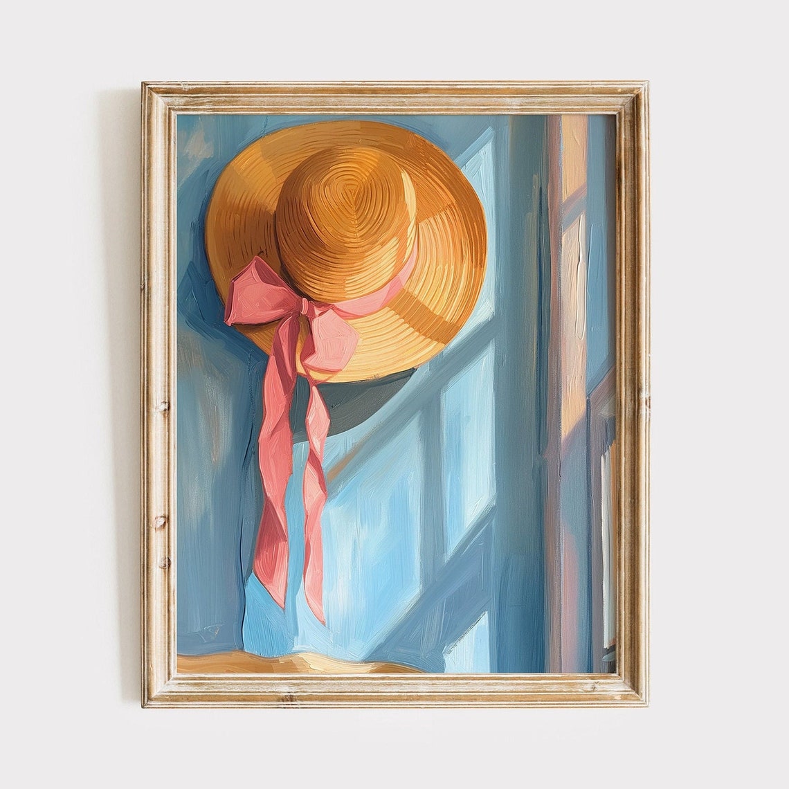 Coquette Straw Sun Hat With Pink Ribbon Summer Chic Coastal Poster