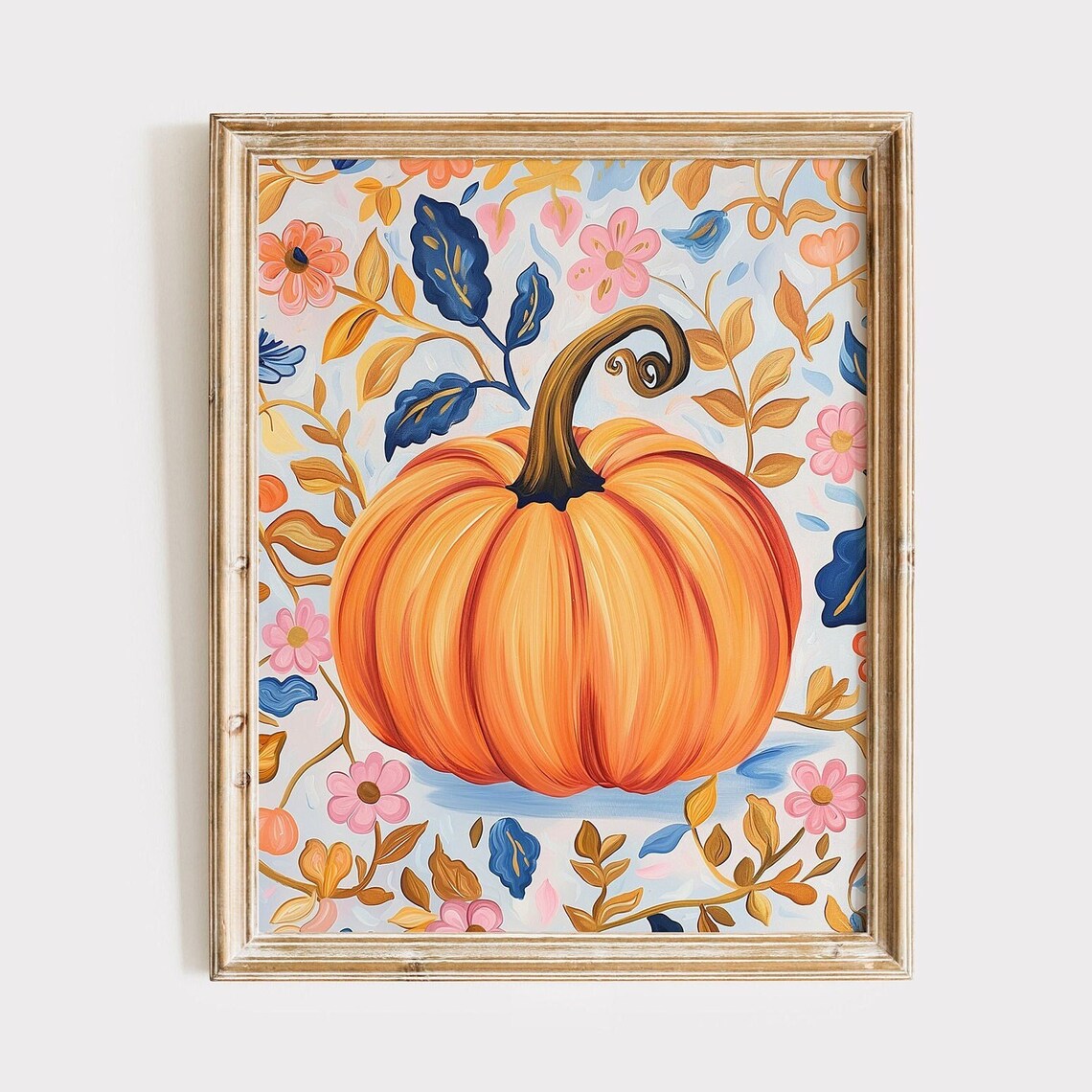Orange Pumpkin Folk Art Floral Botanical Autumn Harvest Decor Poster