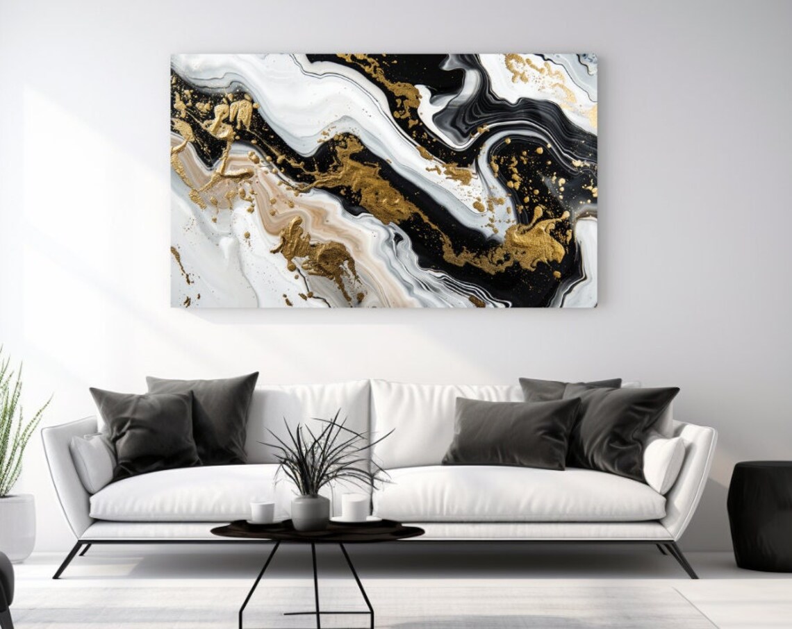 Gold, White and Black Abstract Art Print for Home Decor