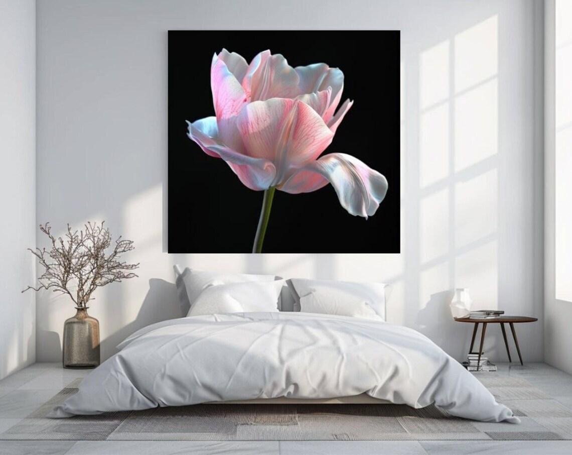 Pink Tulip Bloom Black Background Elegant Floral Fine Art Poster