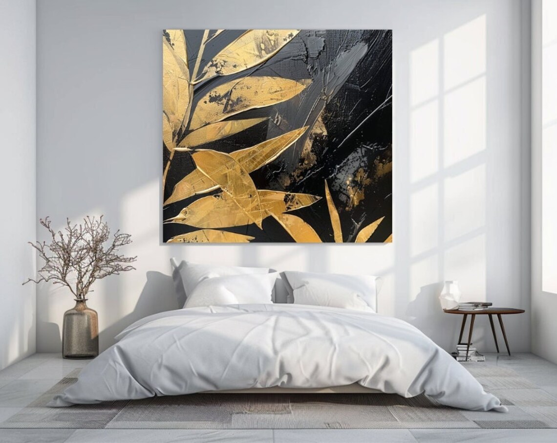 Gold Palm Leaves Black Textured Background Luxury Botanical Art Poster