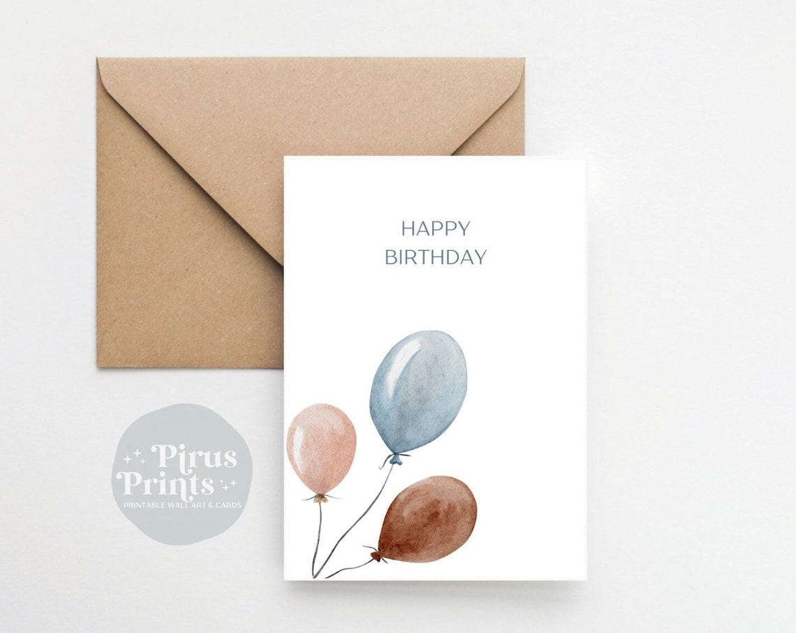 Happy Birthday Minimal Blue Watercolor Balloons Printable Card Print