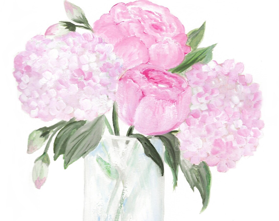 Pink Hydrangea And Peony, Watercolor Art Print - Image 5