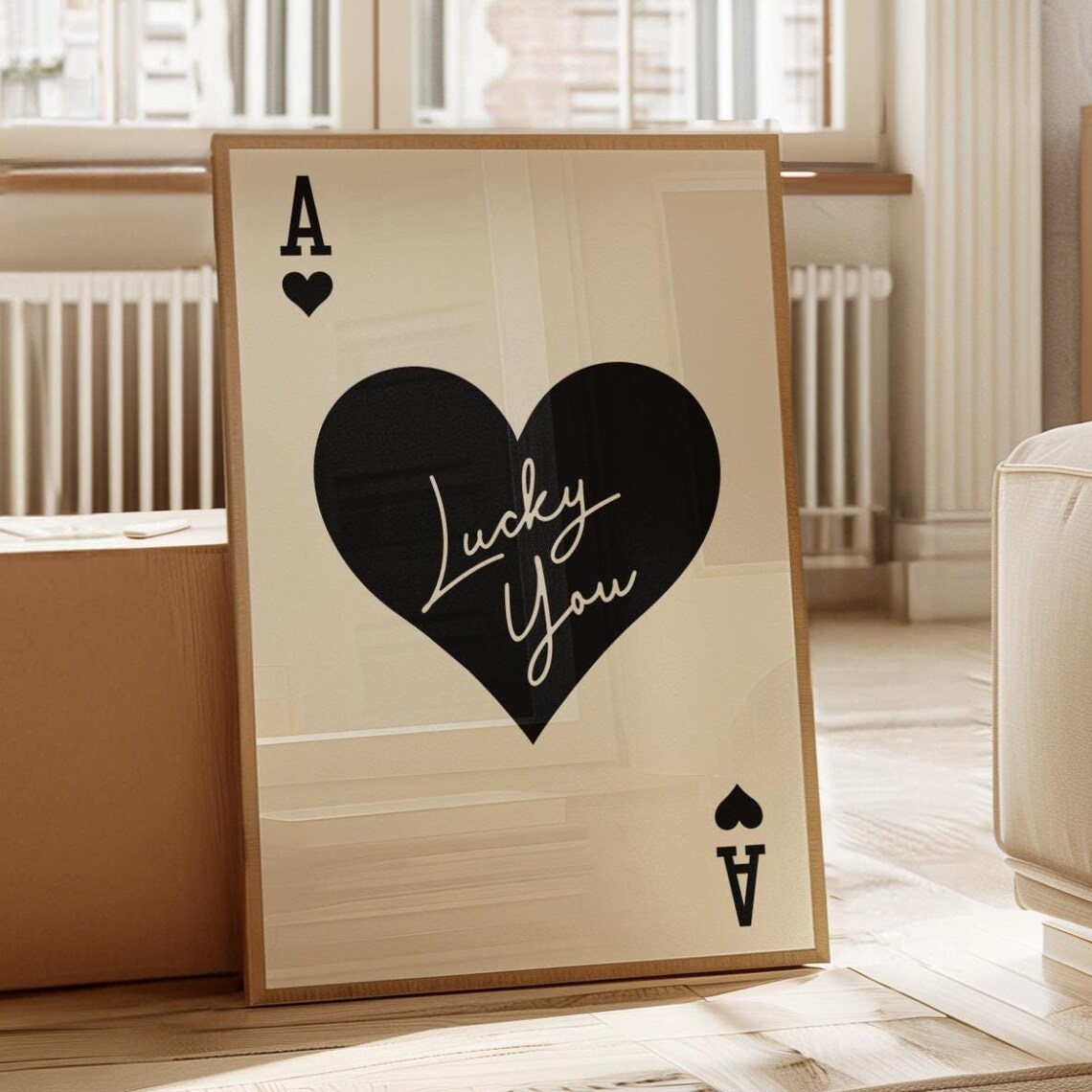 Ace of Hearts Lucky You Black Heart Script Cream Card Poster