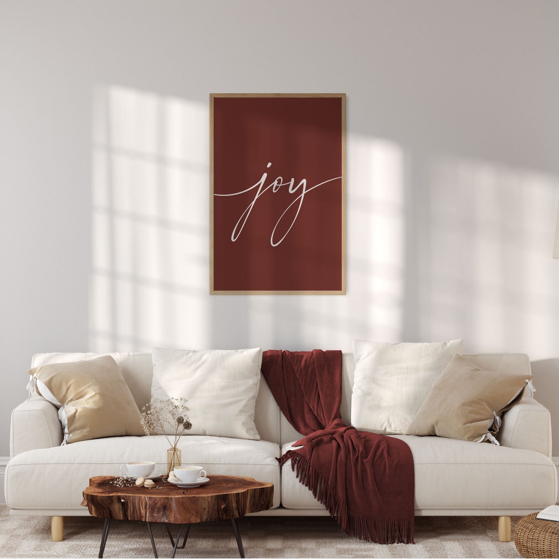 Joy Written In Elegant White Script On Rich Burgundy Background Poster