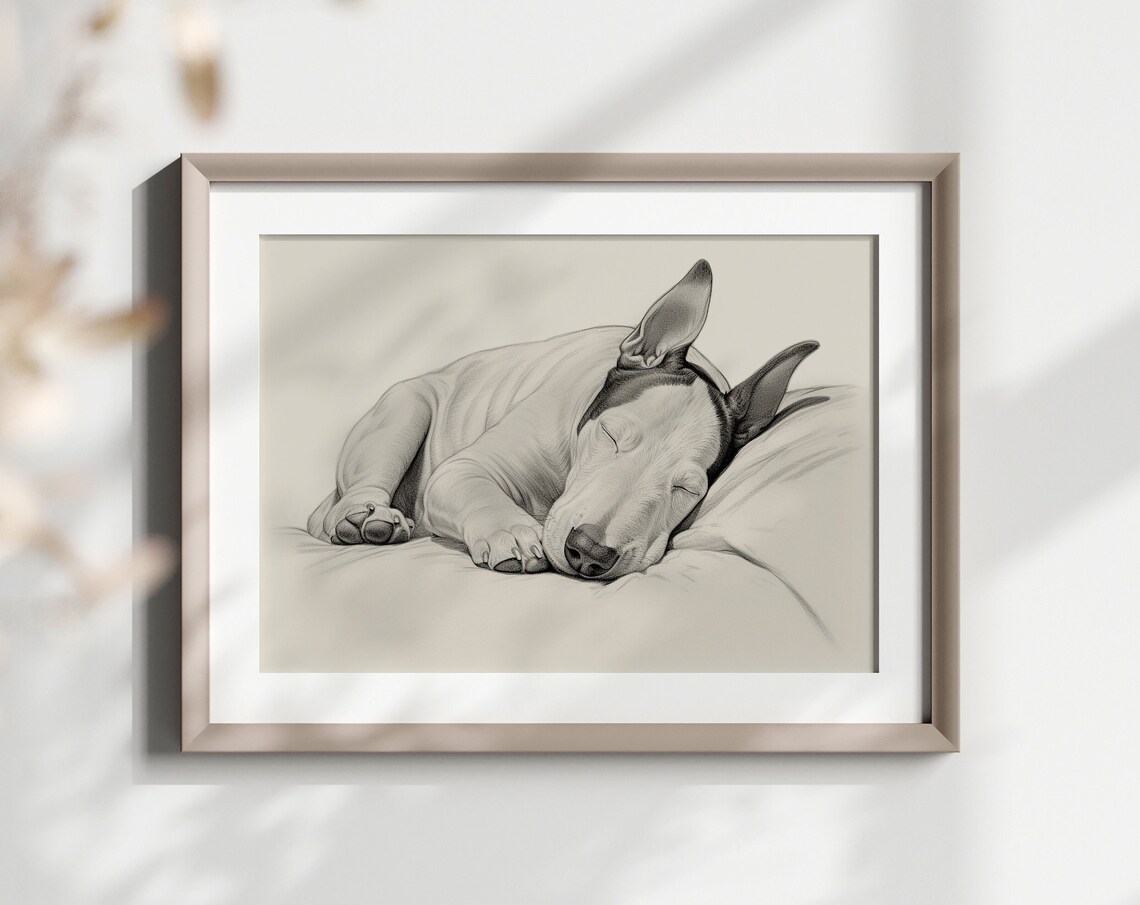 Bull Terrier Sleeping Egg Head Puppy Pencil Sketch Breed Gift Poster