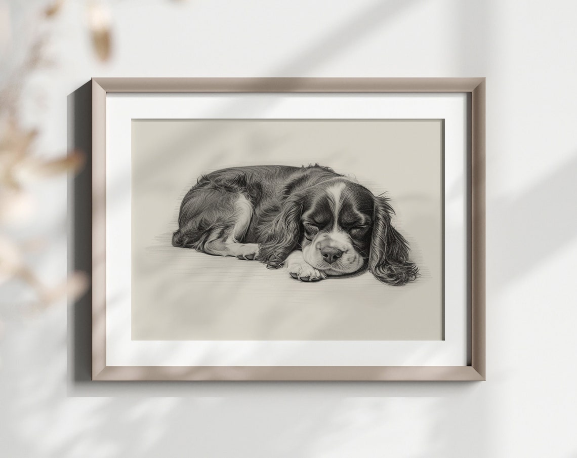 King Charles Spaniel Sleeping Puppy Pencil Sketch Breed Gift Poster