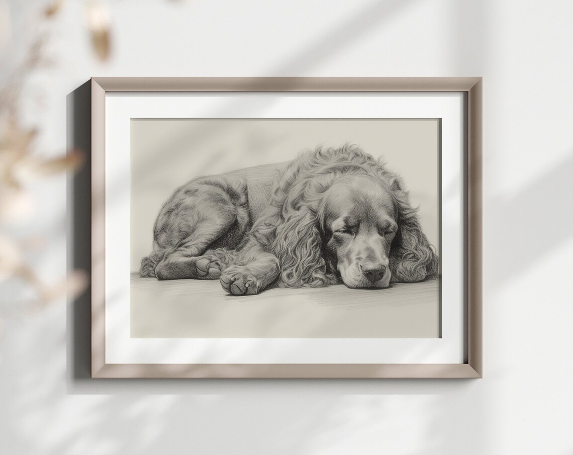 Sleeping Spaniel Puppy Long Ears Pencil Sketch Dog Lover Gift Poster
