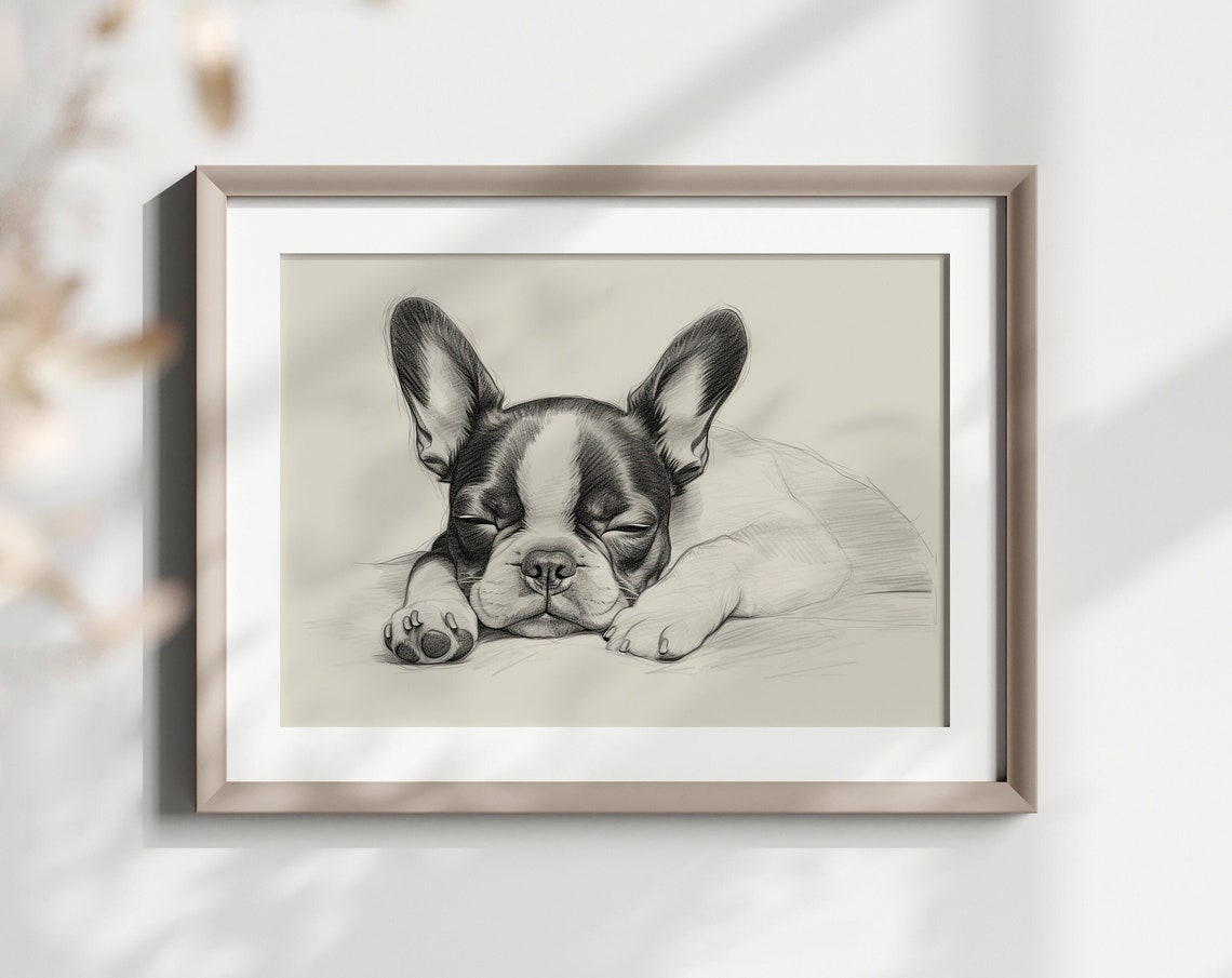 Boston Terrier Sleeping Puppy Pencil Sketch Breed Lover Gift Poster