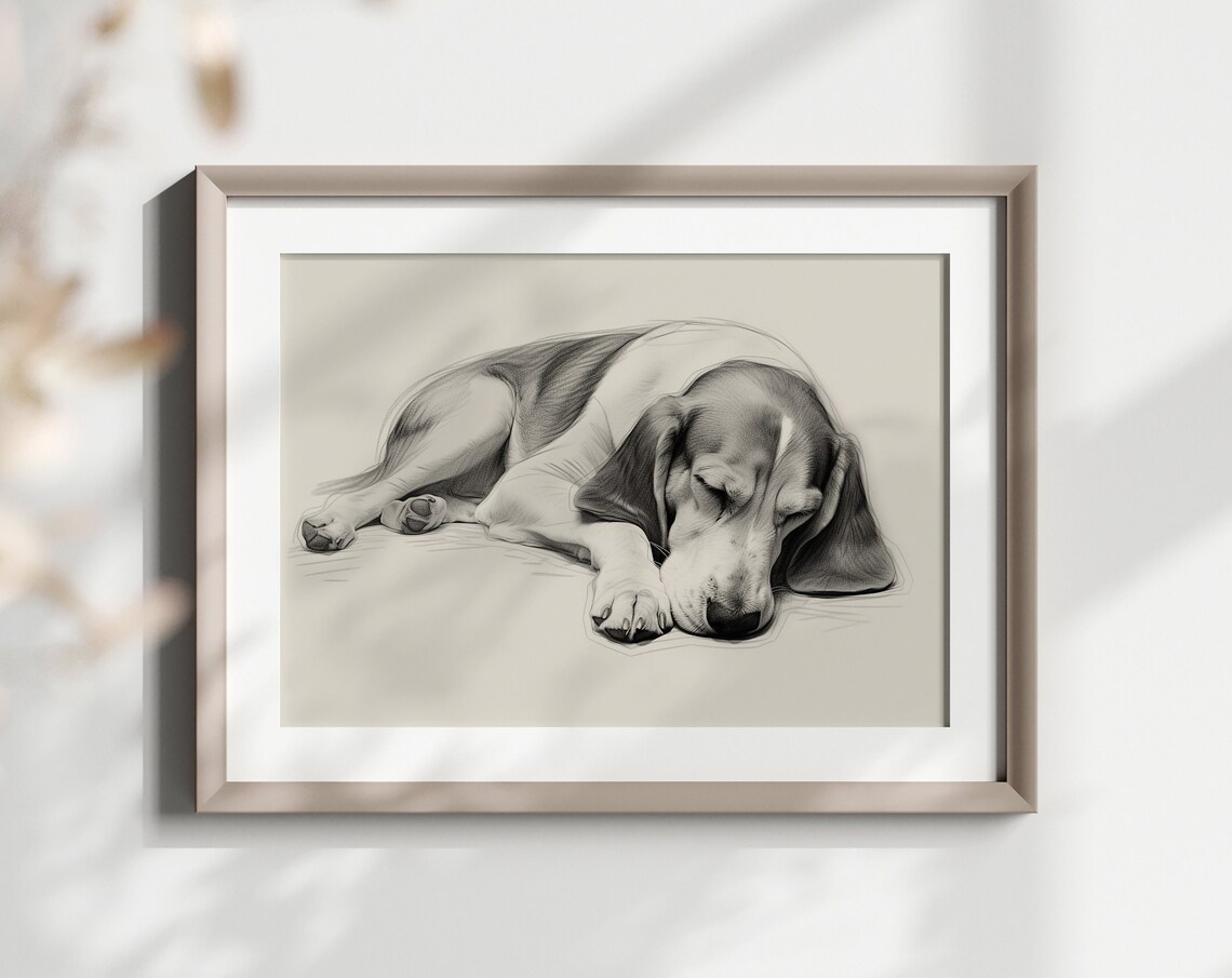 Scent Hound Sleeping Puppy Pencil Sketch Dog Breed Lover Gift Poster