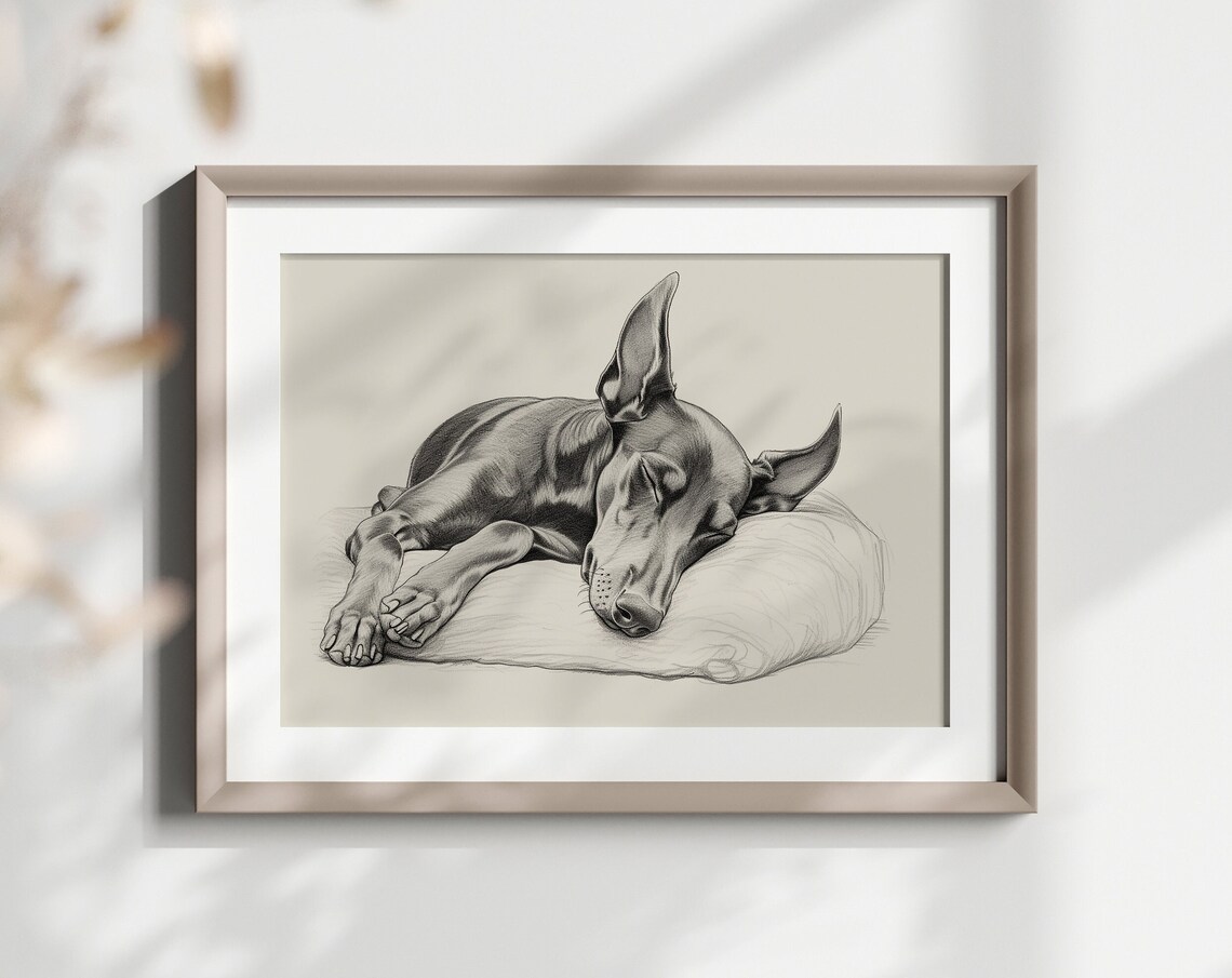 Dobermann Sleeping Sleek Guard Dog Pencil Sketch Breed Lover Poster