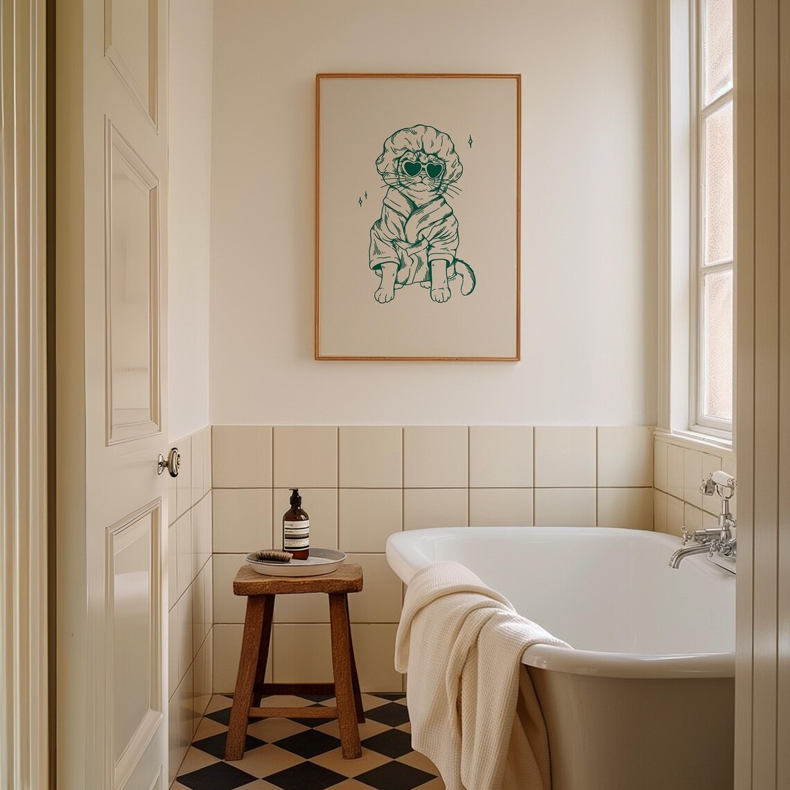 Cool Cat After Bath Green Retro Bathroom Art Print - Image 4