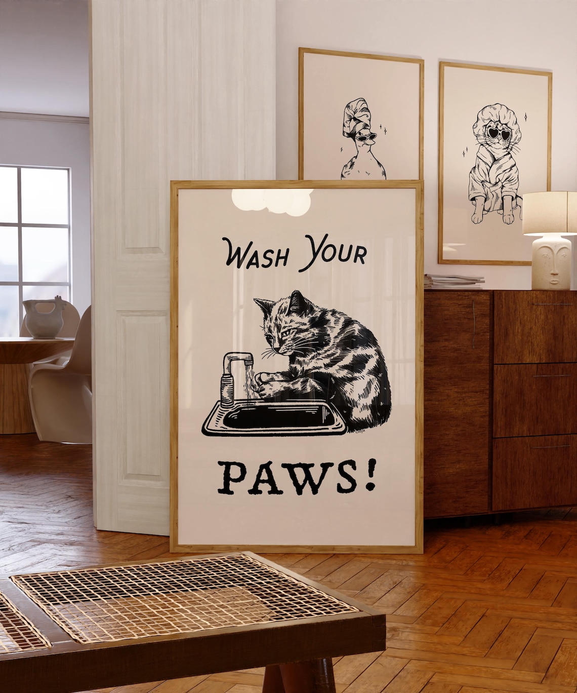 Funny Wash Your Paws Cat Vintage Black White Bathroom Poster - Image 4