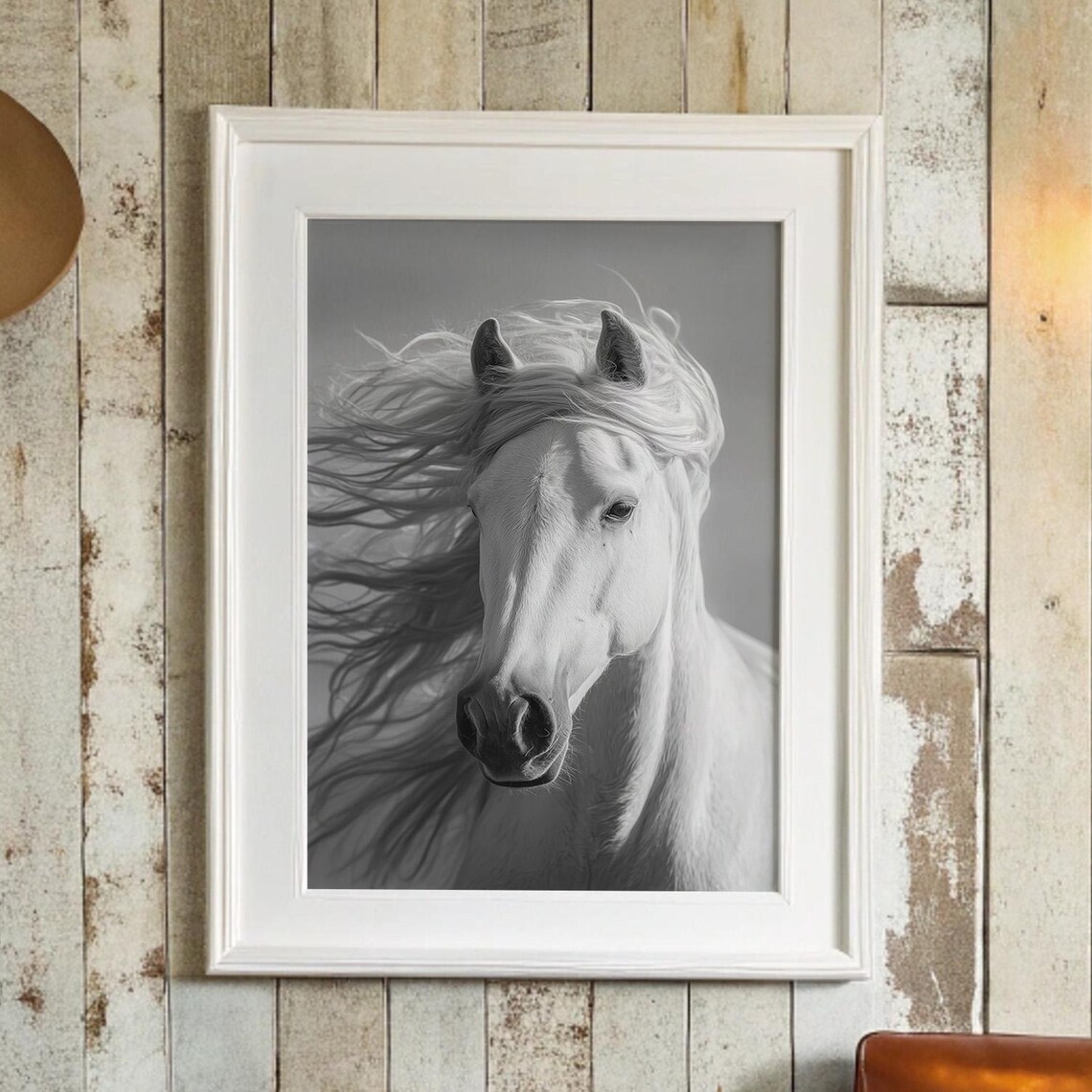 Dramatic White Horse Windswept Mane Black and White Photo Poster