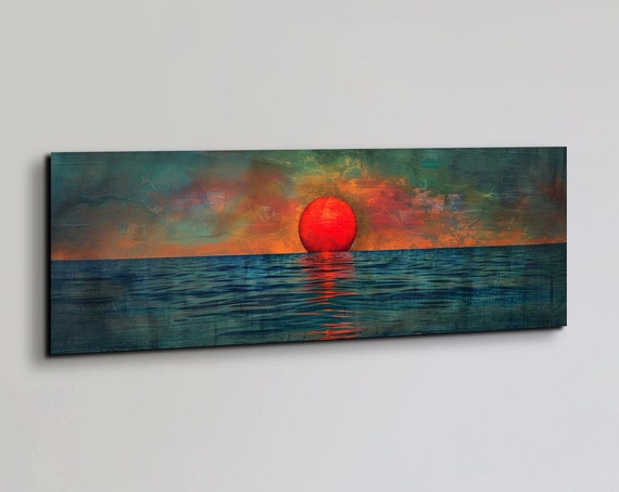 Sunset Over The Emerald Green Ocean Moody Panoramic Print Minimal Horizontal Wall Art Vintage Painting Print Boho Wall Art