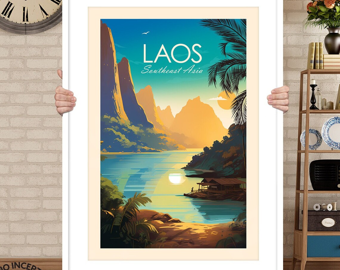 Laos Southeast Asia River Karst Mountain Sunset Travel Poster - Image 3