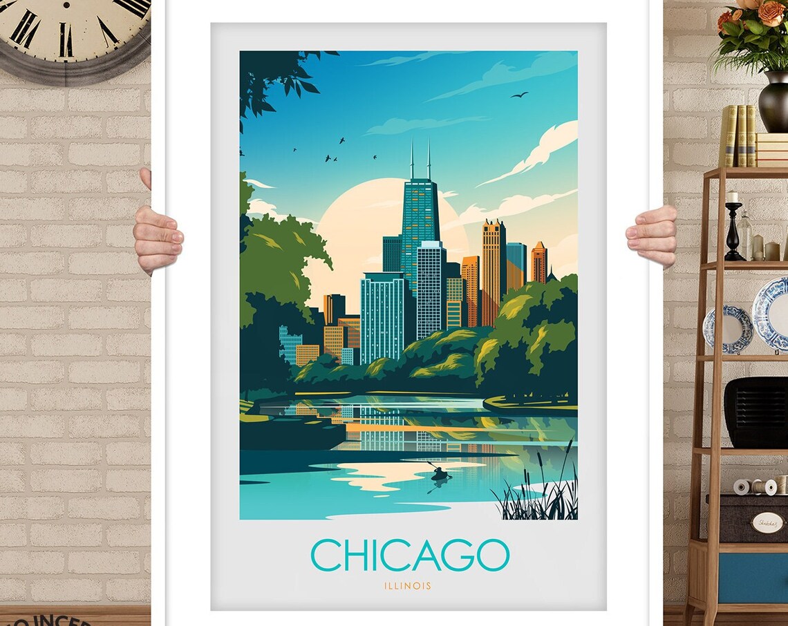 Chicago Illinois Skyline Hancock Tower Lake Vintage Travel Poster - Image 3