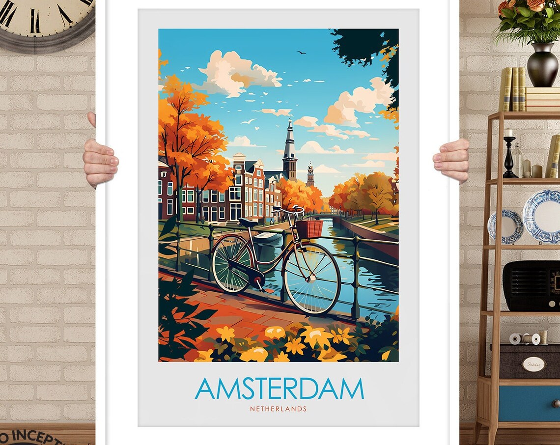 Amsterdam Netherlands Canal Bicycle Autumn Minimal Travel Poster - Image 3