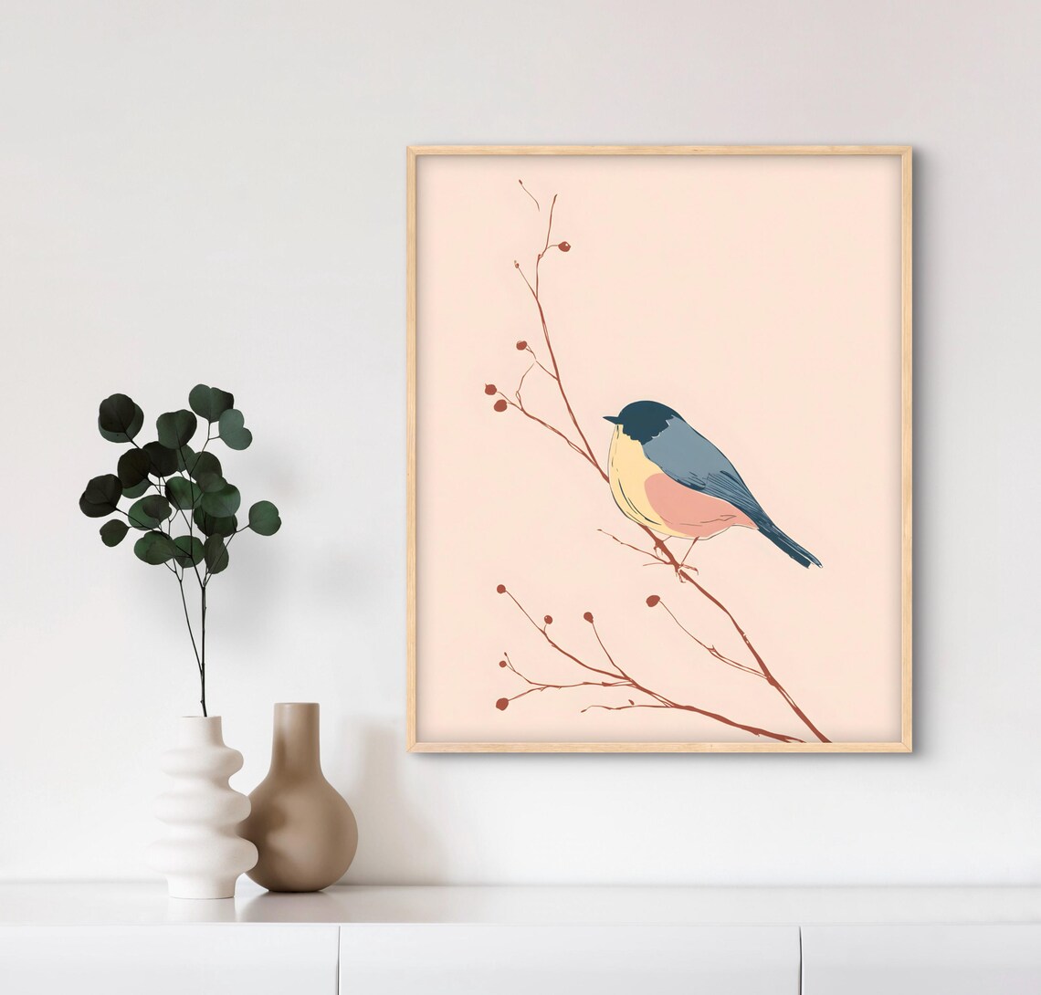 Minimalist Bird On Branch Pastel Modern Botanical Art Poster