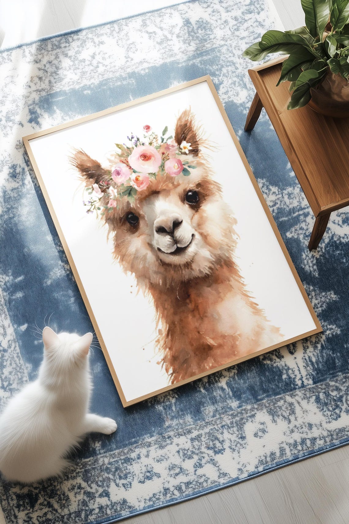 Fluffy Alpaca With Flower Crown Watercolor Boho Style Art Poster