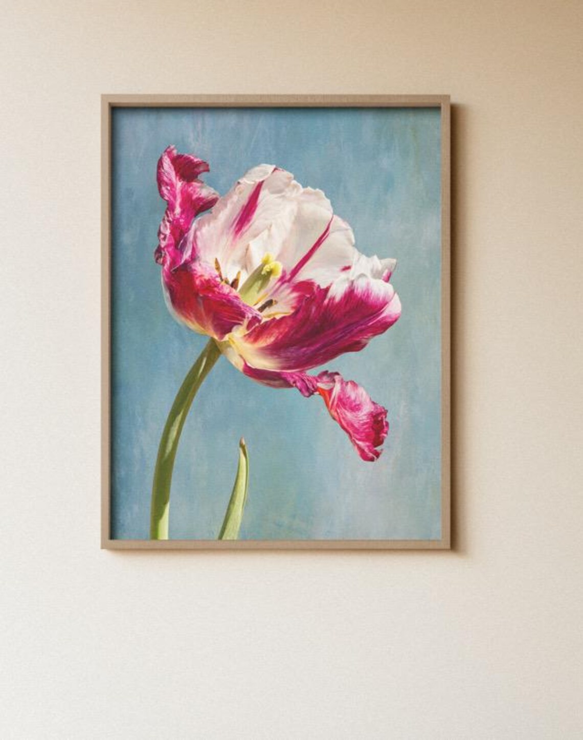Pink Parrot Tulip Watercolor Floral Art on Teal Blue Wall Art