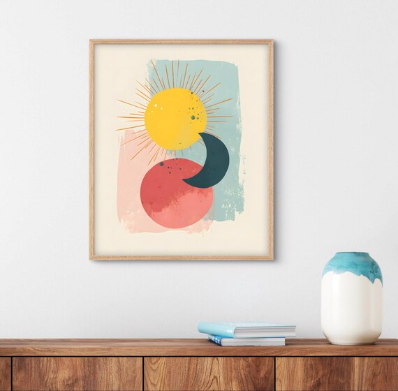 Abstract Sun And Moon Poster With Pastel Crescent And Celestial Shapes