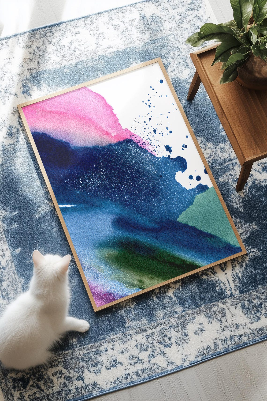 Abstract Watercolor Poster of Pink and Blue Splashes with Gold Texture