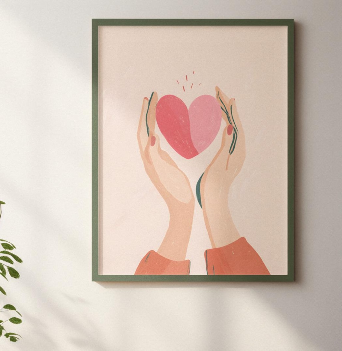 Hands Holding Glowing Heart Poster In Minimal Blush Pink Illustration