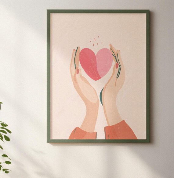 Glowing Heart Illustration Minimal Hands Wall Art